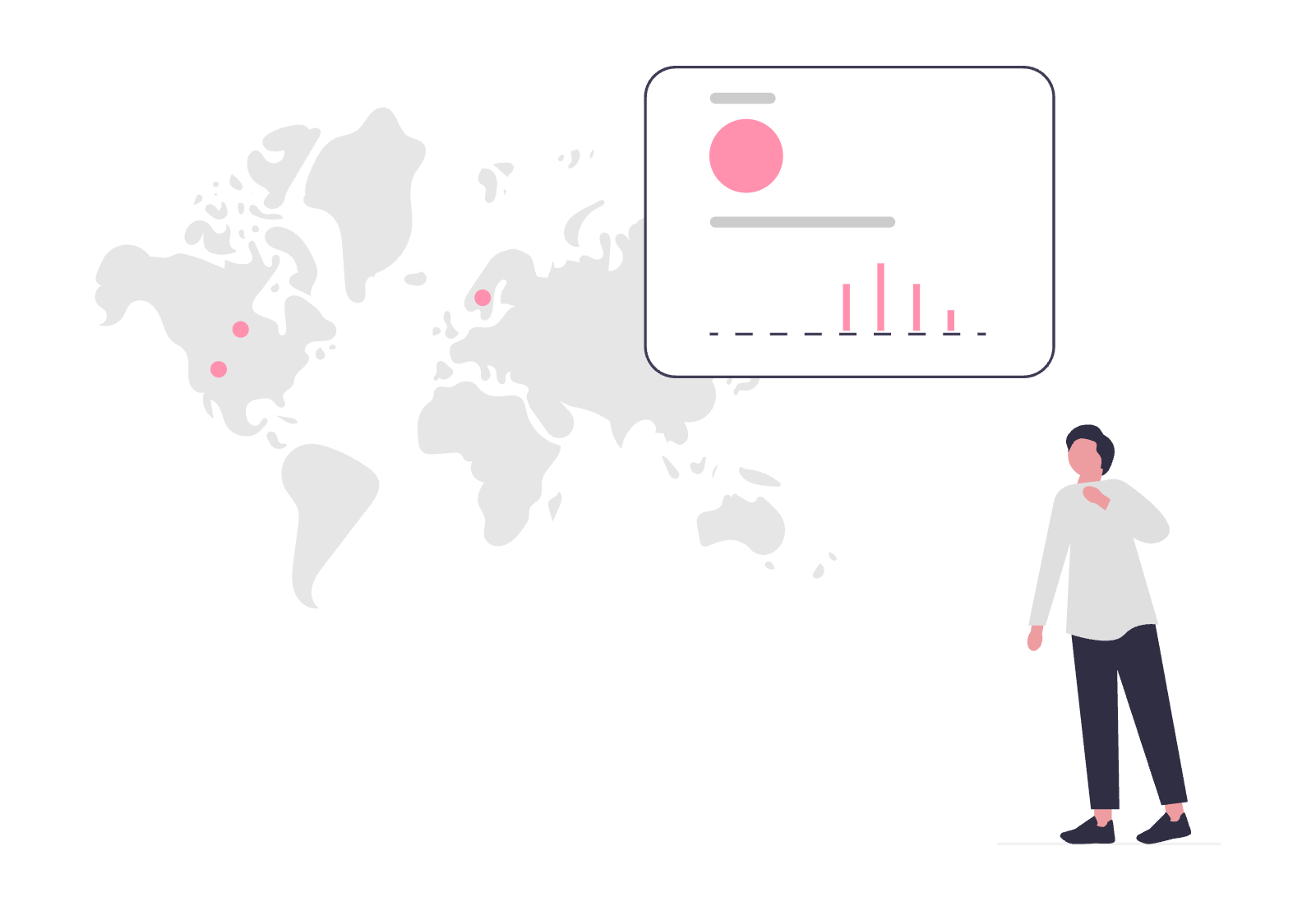 Illustration: person reviewing an analytics dashboard over a world map